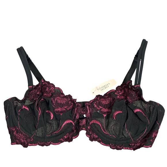 NWT Victoria’s Secret Bra Panty Set Womens 36C L Black Burgundy Floral Sheer - Picture 2 of 7